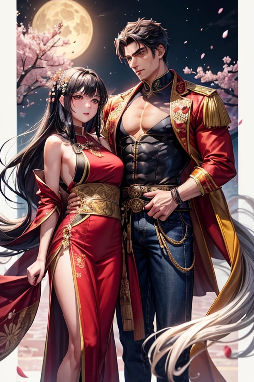 Young man, attractive, muscular, Marked body, BROWN SKIN, yellow eyes, handsome, wears a bright red jacket, dark denim jeans, black hair, written with wide flequillos, military court, (kissing a young woman, beautiful, well proportioned body, blushing cheeks, Red lips, small nose, long gray hair, with a bouquet of cherry blossoms in her hair, She wears a beautiful long oriental dress, fitted, elegant) in the background an ancient Japanese castle, the dark sky, A full moon, a large cherry blossom tree and cherry petals flying in the wind