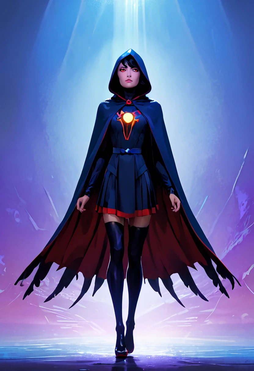 (Masterpiece, 8K, UHD, high resolution: 1.4), stylized portrait of Raven from Teen Titans in Spider-Verse style, (classic Raven outfit with cape and hood: 1.3), (bright violet eyes: 1.2), (short, dark hair: 1.2), (confident and mysterious pose: 1.2), (background with comic book elements, vibrant colors, and distortion effects: 1.3), (dynamic shadows and lights: 1.2), (dark and electrifying atmosphere: 1.3), intricate and textured details, (elements of fantasy and action: 1.2), (dynamic and powerful perspective: 1.3)