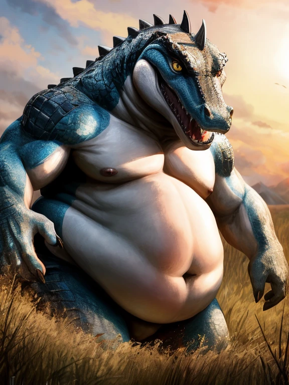 cute, (Obese, Overweight male, anthro, crocodile), (detailed eyes, detailed mouth), no hair, smooth, nude, luminiscent yellow eyes, bright lighting, background effects, perfect face, centered, approaching perfection, dynamic, highly detailed, sharp focus, intricate details, field, blue and white striped boxers