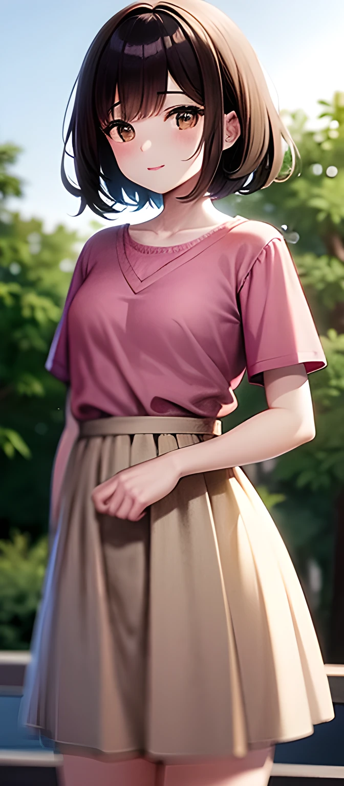 1girl, ​Hirasawa Yui, masterpiece, top-quality, top-quality, High Details, Twin-yellow hairpin, brown hair, brown eyes, pink tee, short slevved tee' yellow skirt, white skirt, short hair, daytime, outdoors, smling, HDR, (((up chest))). smiling