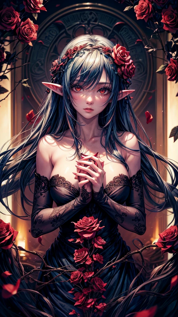 high details, best quality, 16k, RAW, [best detailed], masterpiece, best quality, (extremely detailed), full body, ultra wide shot, photorealistic, dark fantasy art, goth art, RPG art, D&D art, a picture of a dark female fairy resting in a flower meadow, extremely beautiful fairy, ultra feminine (intense details, Masterpiece, best quality), best detailed face (intense details, Masterpiece, best quality), having wide butterfly wings, spread butterfly wings (intense details, Masterpiece, best quality), dark colors wings (intense details, Masterpiece, best quality), black hair, long hair, shinning hair, flowing hair, shy smile, innocent smile, blue eyes, dark red lips, wearing [red] dress latex corset (intense details, Masterpiece, best quality), dynamic elegant shirt, chocker, wearing high heels, in dark colored flower meadow (intense details, Masterpiece, best quality), (red flowers: 1.2) , (black flowers: 1.2), (white flowers: 1.2), (blue flowers: 1.3) [extreme many flowers] (intense details, Masterpiece, best quality), dark colorful flowers (intense details, Masterpiece, best quality), flower meadow in a dark goth field background, dim light, cinematic light, High Detail, Ultra High Quality, High Resolution, 16K Resolution, Ultra HD Pictures, 3D rendering Ultra Realistic, Clear Details, Realistic Detail, Ultra High Definition, DonMF41ryW1ng5XL
