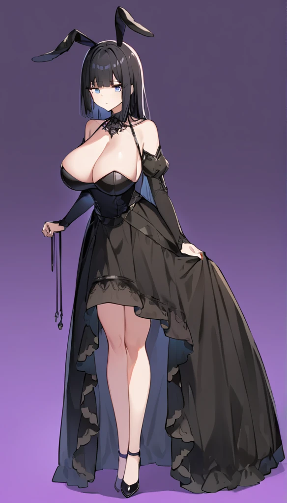 Full body illustration of a girl with very large breasts。Hime cut with long black hair、She has straight bangs and blue eyes.。She is wearing a black Gothic ta dress、Very long black rabbit ears hanging down at each side。The breasts are very large。