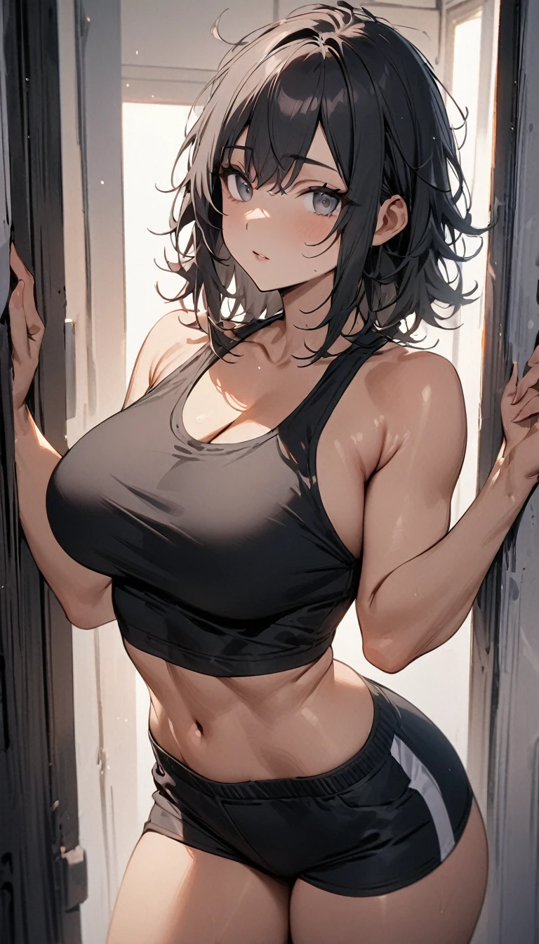 masterpiece, best quality, 1girl, solo, adult, (buff:0.5), black hair, messy hair, medium hair, gray eyes, large breasts, black crop top, black shorts, w arms