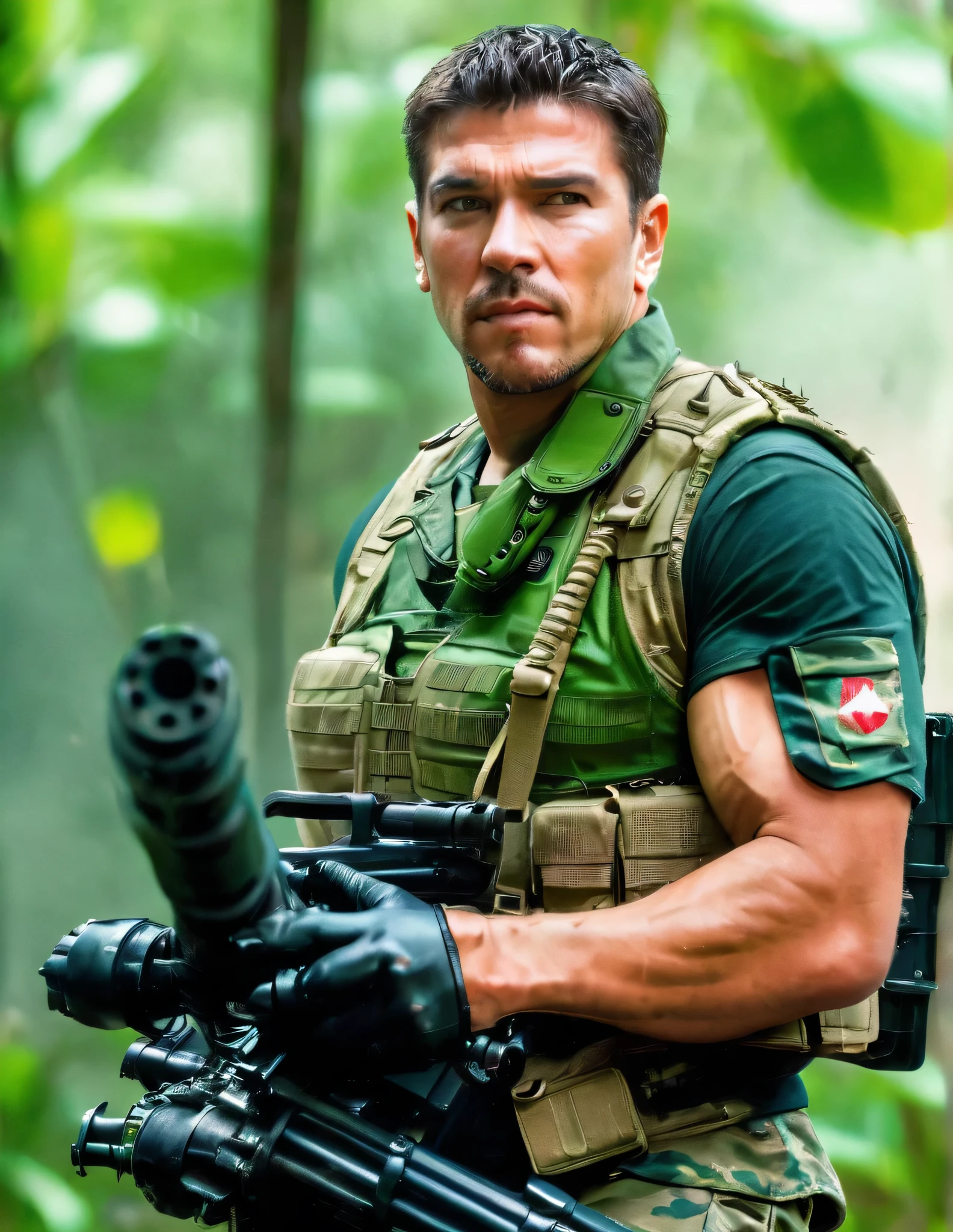 (masterpiece), (best quality), highres, 1man, male focus, solo, solo focus. dark brown hair, short hair, crew cut, spiky hair, dark green eyes, sleeveless, tattoo. us soldier, jet black uniform, gloves, gun, handgun, holding gun, holding weapon, holster, holstered weapon, (load bearing vest, ammunition belt), pistol, thigh holster, (Handheld M134 Minigun), trigger discipline, weapon. vietnam city ruins, daytime, (green helmet, ), gritty atmosphere. looking away, (angry, clenched teeth).