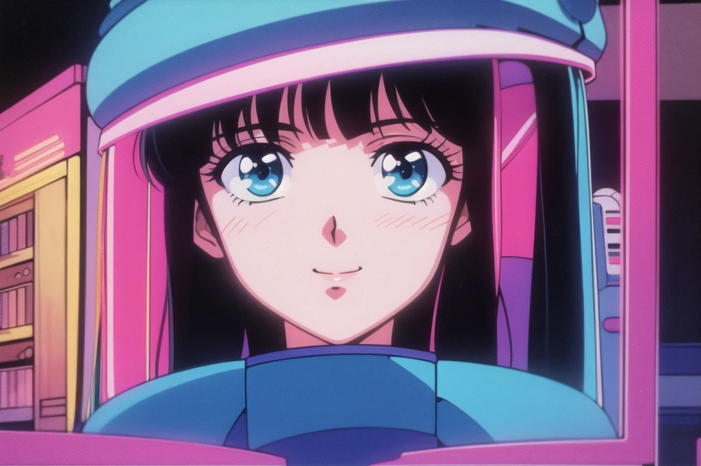1990s (style), 1980s (style), anime girl, smiling, long black hair, retro computer, vaporwave aesthetic, neon lights, album cover