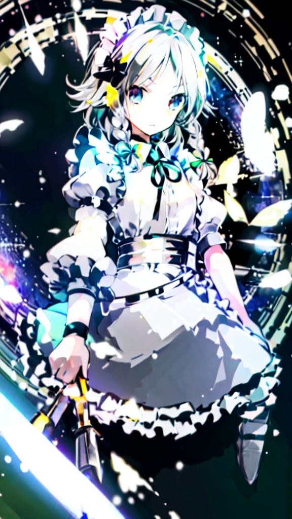 (best image quality), masterpiece, Highest quality, High resolution, One girl, alone, sakuya1, Maid, Bachelor, Grey Hair, Medium chest, knife, In space,