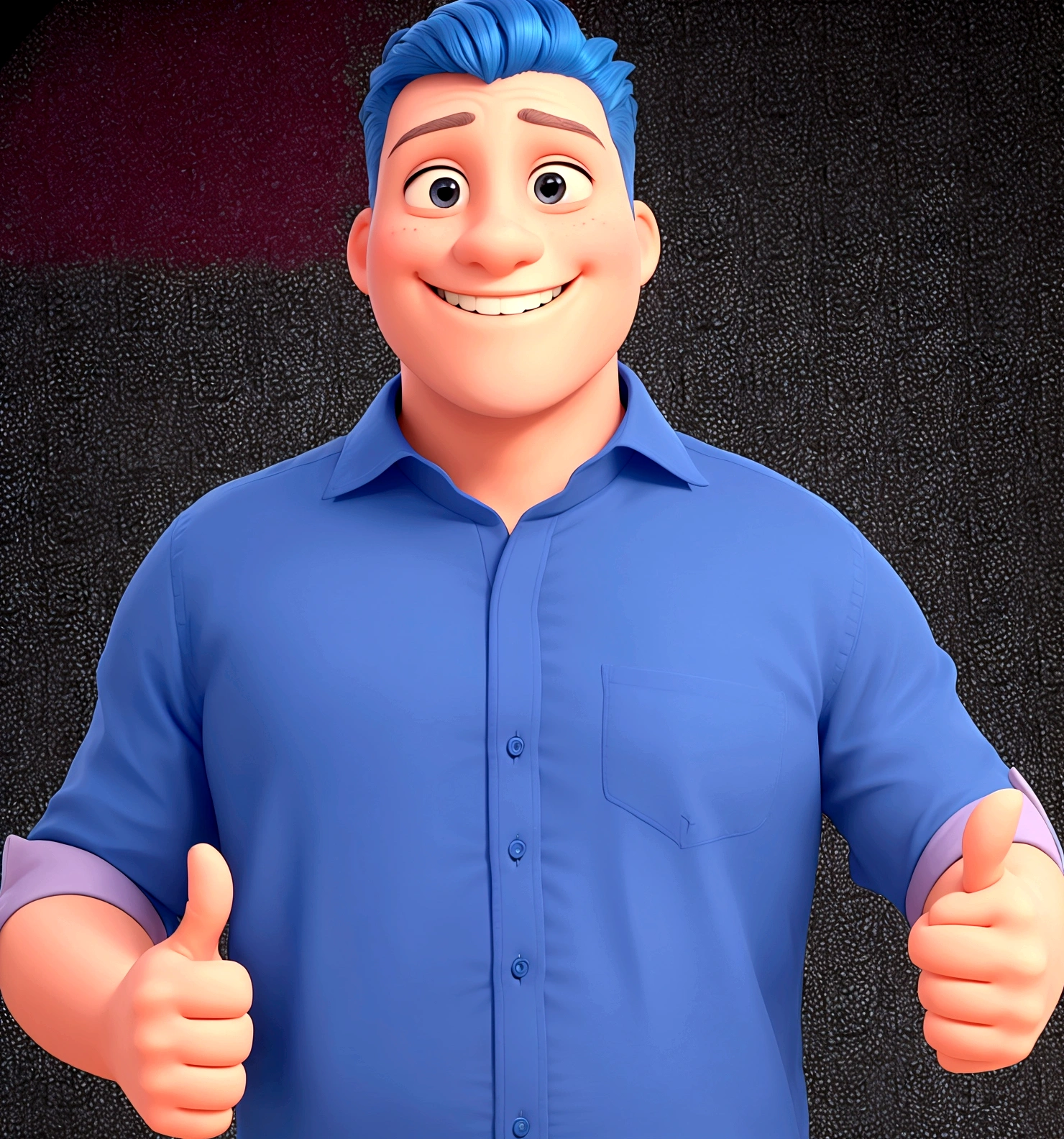 Giving a thumbs-up with both hands, shirt blue, low hair, Grinning, 