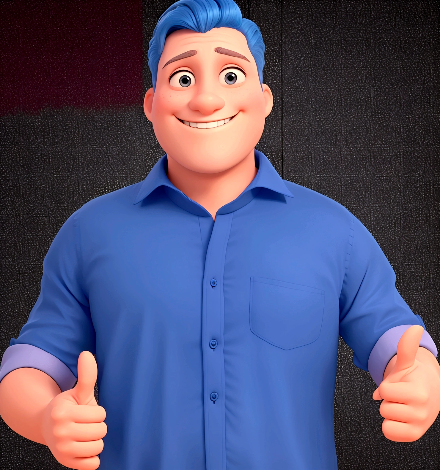 Giving a thumbs-up with both hands, shirt blue, low hair, Grinning,