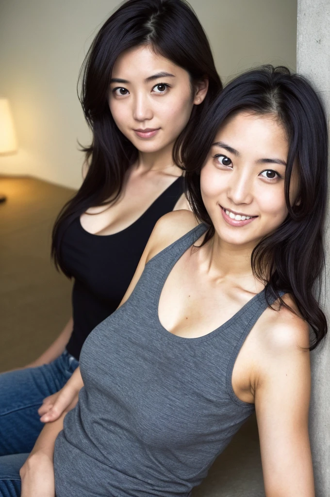 (((One girl,alone))),(Highly realistic photos, High resolution, Detailed face, Beautiful Eyes) Japanese women, 21 years old, Cute face, alone:1, Nice body, Medium chest, ,Hairstyle, Take a photo book,Dark Sky、Tank top、Healthy Body,smile,Thighine Fujiko