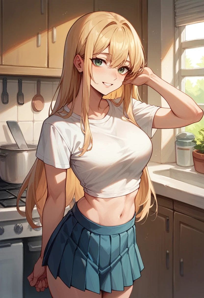 Japanese adolescent female, long hair, brightly smiling, wearing white crop top shirt, wearing pleated miniskirt, posing in kitchen
