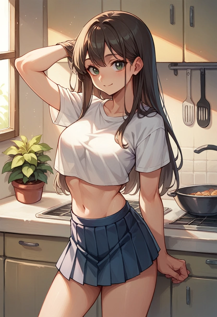 Japanese adolescent female, long hair, brightly smiling, wearing white crop top shirt, wearing pleated miniskirt, posing in kitchen