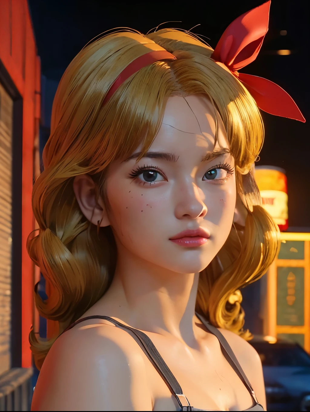 (photoRealstic:1.4),(hyper realisitic:1.4),(realisitic:1.3),(Smooth lighting:1.05),(Improved cinematic lighting:0.9),32k,1 girl,Realistic lighting,raytrace,（japanes:1.2),Detailed eyes,************,(Blonde:1.2),Big red ribbon,(Dynamic Pose:1.2),(Action pose:1)