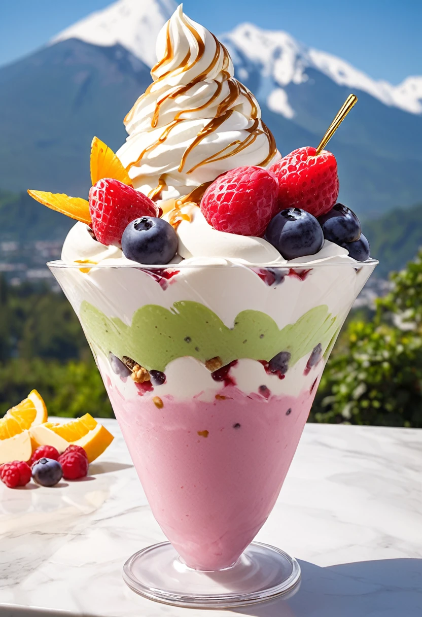 Huge soft serve ice cream and a mountain of fruit parfait
