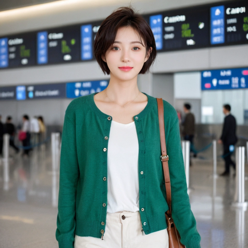 beautiful korean girl , 32 inch chest size, Your eyes are big and pretty. Short in stature. Standing in the departure hall of the airport. . short medium hair, Standing in line at the departure hall of Frankfurt Airport, Germany. He wore a white shirt, a green jumper, and white casual pants.s.Dragging a suitcase. short medium hair, short height, Full body shot with Canon camera 16-35 wide angle lens, short medium hair. expressionless, full body shot, Express your fingers perfectly, perfect fingers, Make the airport electronic display visible, 멀리 full body shot, uhd
