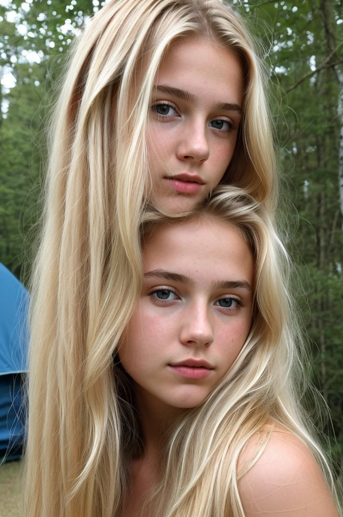 A 18-year-old blonde woman, ((hiperrealismo))textured skin, goosebumps, perfect eyes. Blonde hair with light brown roots. cabello rubio, Hair with brown roots, extra long hair, really long hair. photo taken with iPhone, Porta 160 color. Camping area