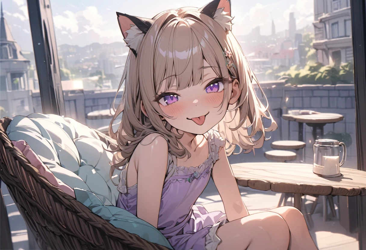 ((Masterpiece)), ((best quality)), ((kawaii)), ((extremely detailed)), 4K, (8K), (super detail:1.2), (High Definition:1.3), (Professional Photography:1.2), cinematic lighting, (very aesthetic:1.2), (absurdres:1.2), (sharp focus), (perfect light), ((1girl)),((12 years old)), (1girl), cute young girl, (naughty smile), ((sticking out tongue)), (Beautiful deep purple eyes:1.2), (put on cat ears), girl, (Embroidered cute tanktop), small breast, Healthy skin, (Healthy slim body), shortpants, pudgy cheeks, BREAK, ((best quality)), (very aesthetic:1.2), (absurdres:1.2), ((extremely detailed)), (loose blunt bangs), ((Beautiful Silky hair)), medium hair, ((beautiful pale brown hair)), 🌈, ((Eating vanilla ice cream)), loose sitting on chair, ice cream on the café terrace, (the Midsummer Cafe Terrace), Beautiful cityscape Background, Large Cumulonimbus Clouds, pastel colors clouds, kawaii, cute colors,