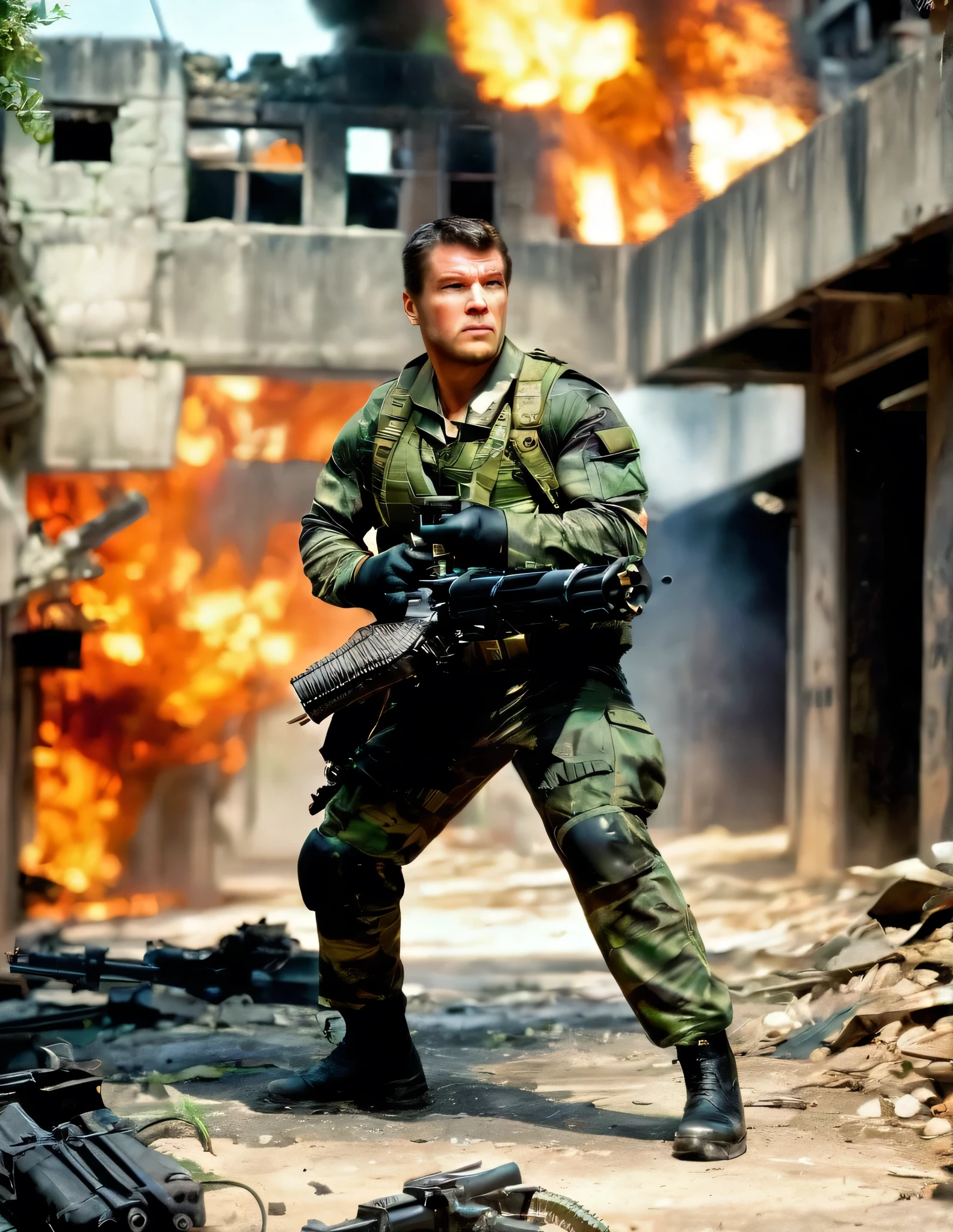 (masterpiece), (best quality), highres, 1man, male focus, solo, solo focus. dark brown hair, short hair, crew cut, spiky hair, dark green eyes, sleeveless, tattoo. us soldier, jet black uniform, gloves, gun, handgun, holding gun, holding weapon, holster, holstered weapon, (load bearing vest, ammunition belt), pistol, thigh holster, (Handheld M134 Minigun), trigger discipline, weapon. vietnam city ruins, daytime, ((green helmet witn (text) "Born to Kill")), gritty atmosphere. looking away, (angry, clenched teeth).