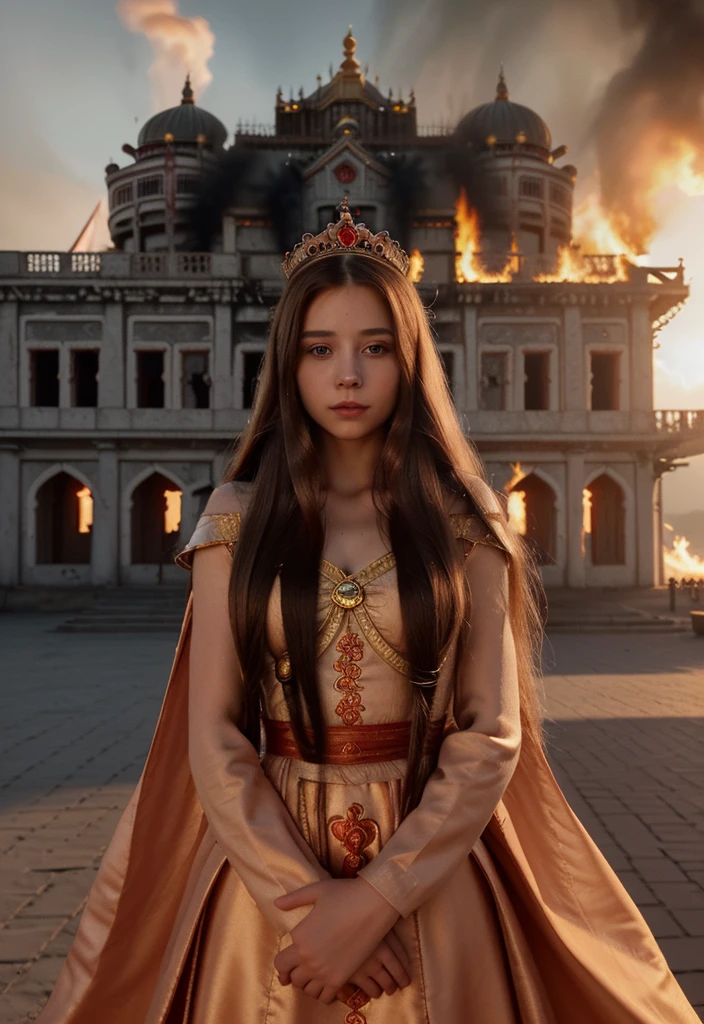 Princess with long hair in front of a burning palace, high quality, 8k