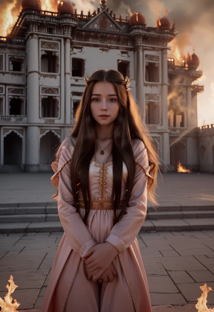Princess with long hair in front of a burning palace, high quality, 8k