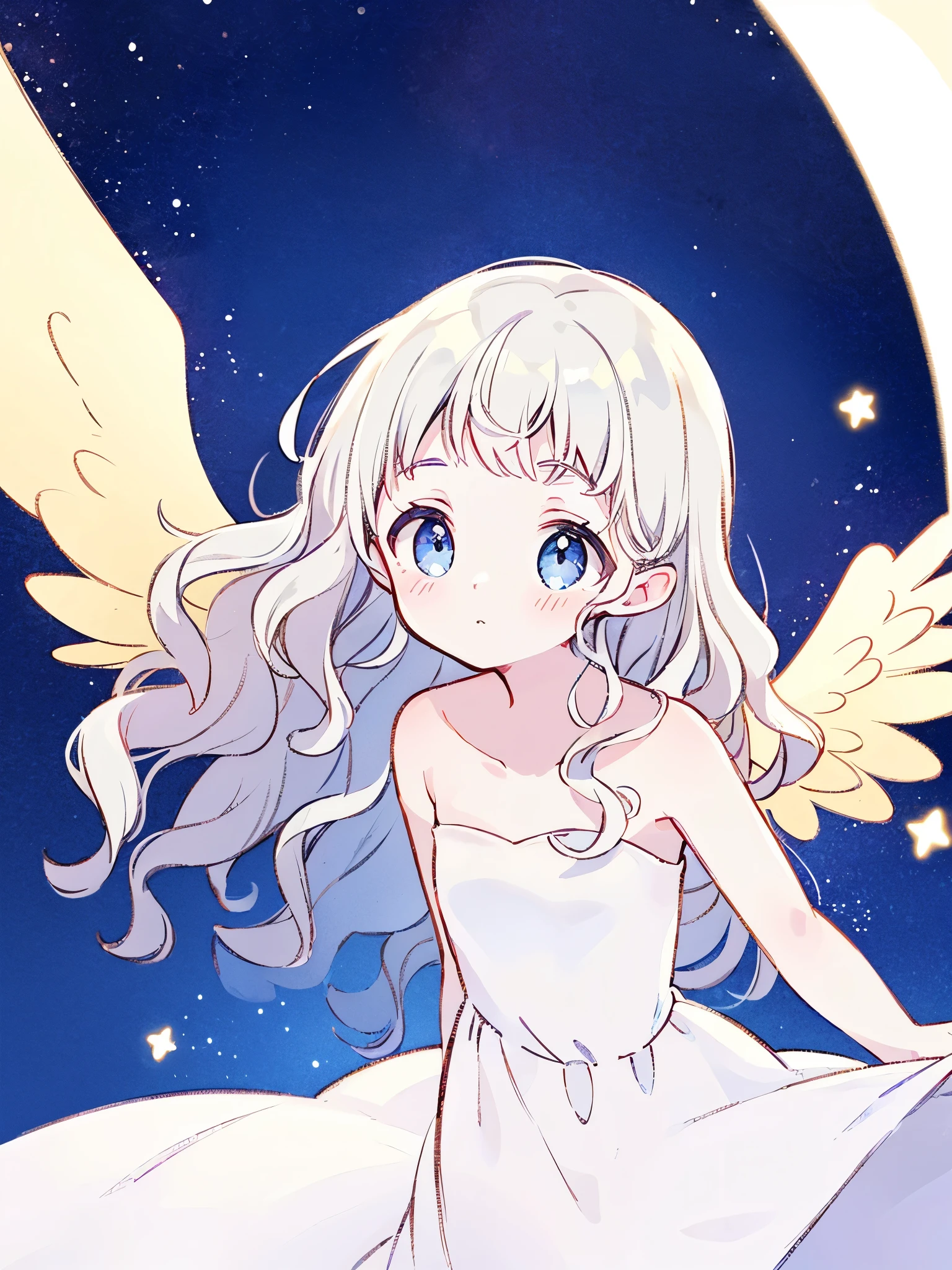 nude angel girl wearing an ethereal translucent dress, pale skin, ((wavy white hair)), white feathers, angel wings, sparkling detailed eyes, golden ratio face, perfect composition, highly detailed, ethereal, (starry night sky background), midjourney style