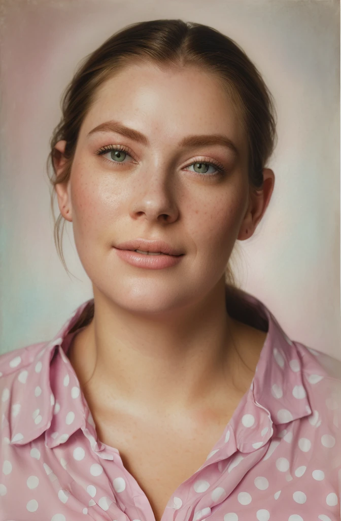 There's a woman in a pink shirt and a white polka dot shirt, detailed colorized portrait, colorized portrait, detailed portrayal, realistic portrait photo, realistic studio portrait, transformation portrait, colorful studio portrait, photo realistic portrait, photographic portrait, a colorized photo, photorealistic portrait, realistic restored face, portrait of lumastina celeraria, close-up portrait rendering