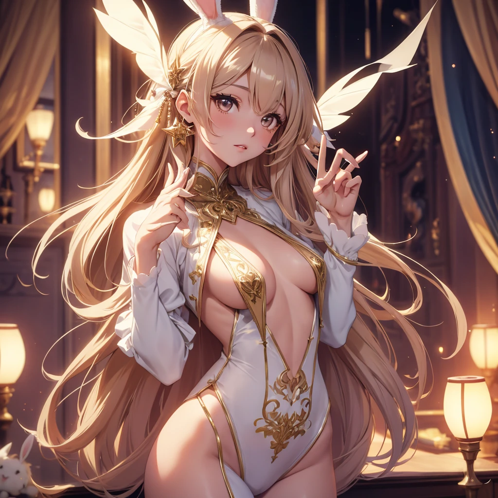 1girl with brown eyes, long hair, bunny suit, high detail, high quality, peace sign pose, smooth and shiny skin, beautiful lighting, enchanting atmosphere, lewd, volumetric lighting, detailed face, intricate details, soft colors, pastel colors, dreamy, ethereal, elegant