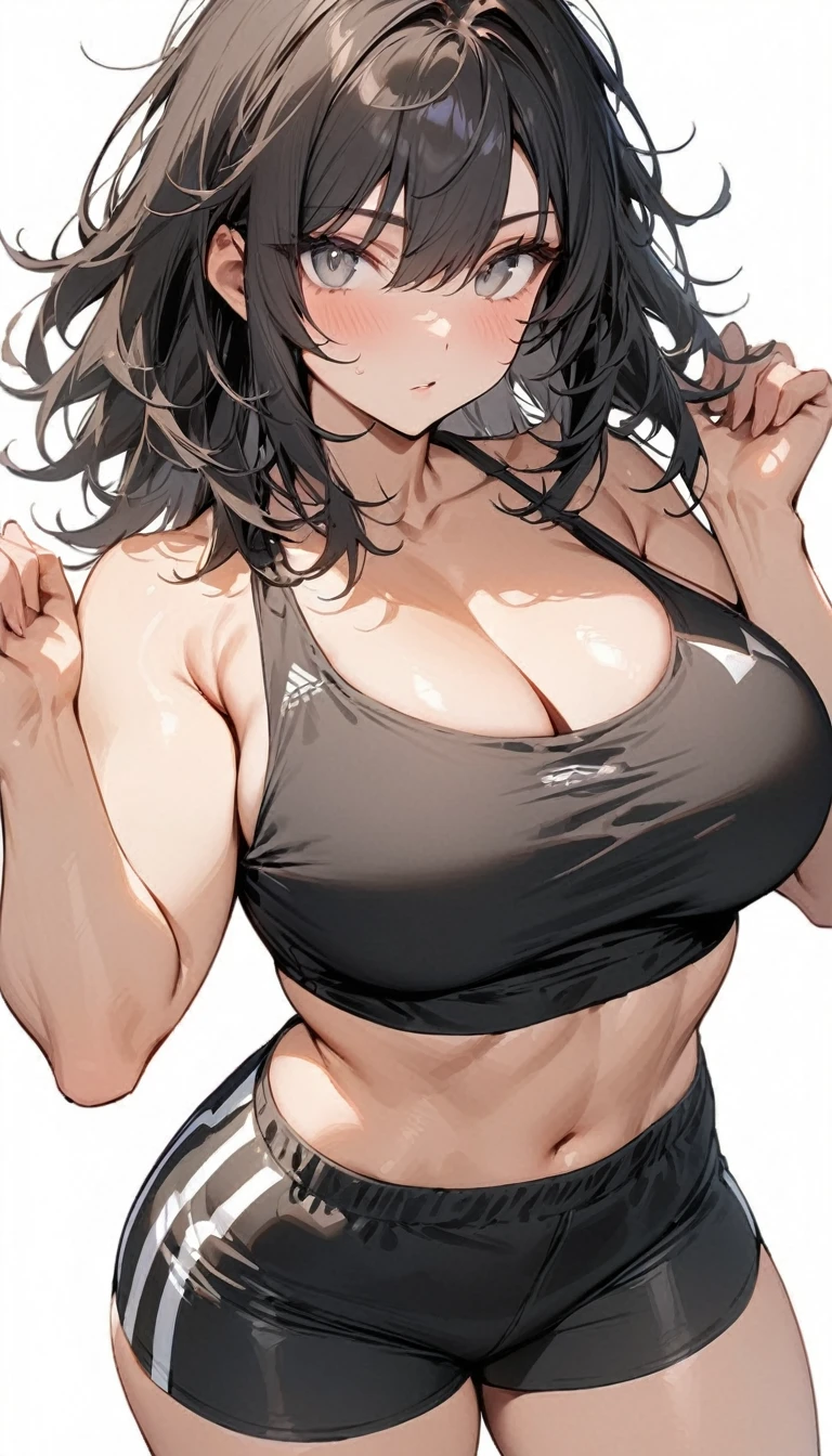 masterpiece, best quality, 1girl, solo, adult, (buff:0.8), black hair, messy hair, medium hair, gray eyes, large breasts, black crop top, black shorts, w arms, infront on viewer, white background, no background