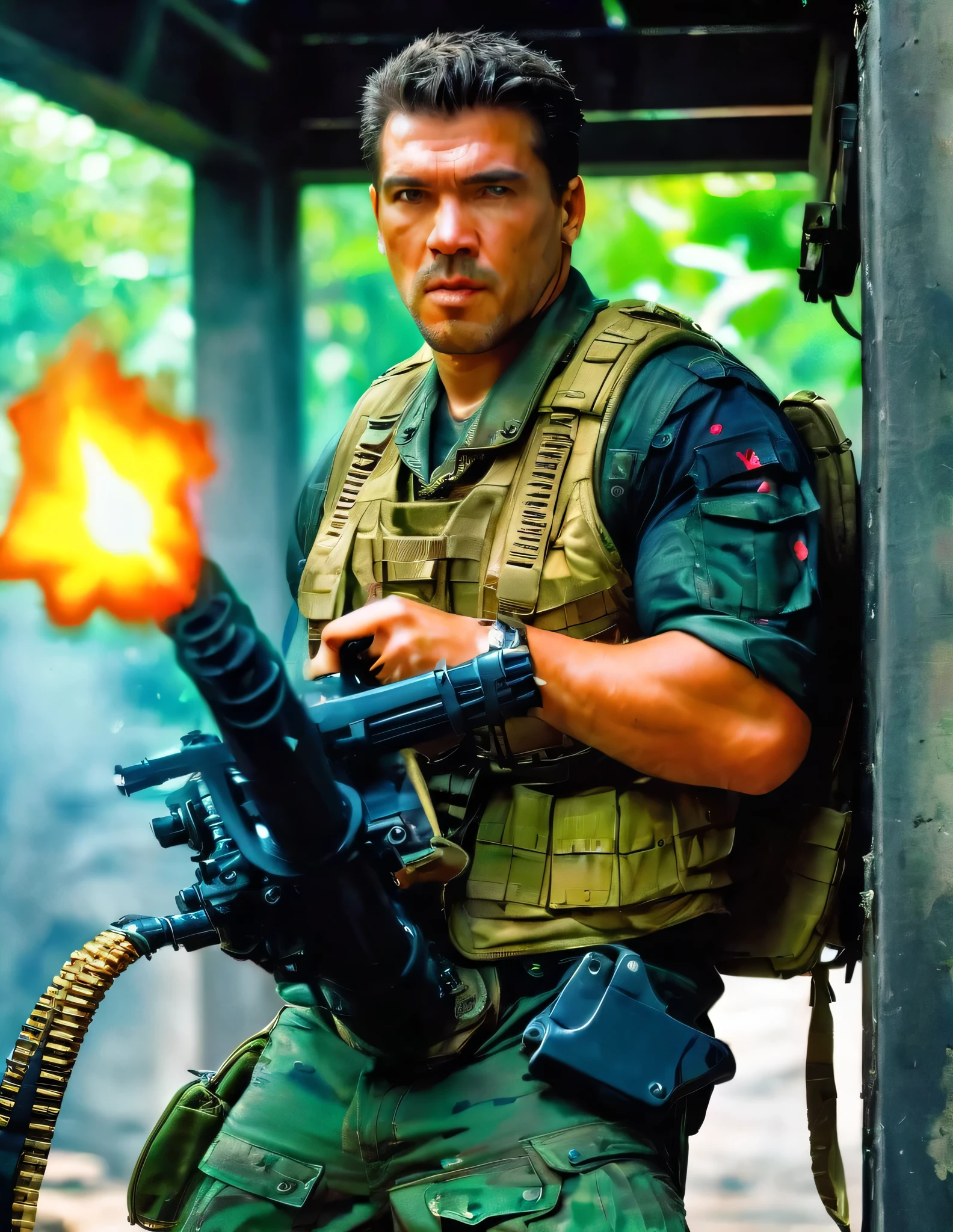 (masterpiece), (best quality), highres, 1man, male focus, solo, solo focus. dark brown hair, short hair, crew cut, spiky hair, dark green eyes, sleeveless, tattoo. us soldier, jet black uniform, gloves, gun, handgun, holding gun, holding weapon, holster, holstered weapon, (load bearing vest, ammunition belt), pistol, thigh holster, (Handheld M134 Minigun), trigger discipline, weapon. vietnam city ruins, daytime, (green helmet, ), gritty atmosphere. looking away, (angry, clenched teeth).