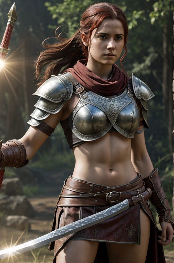 A fictional young woman with Kratos swords and iron armor and sun shield