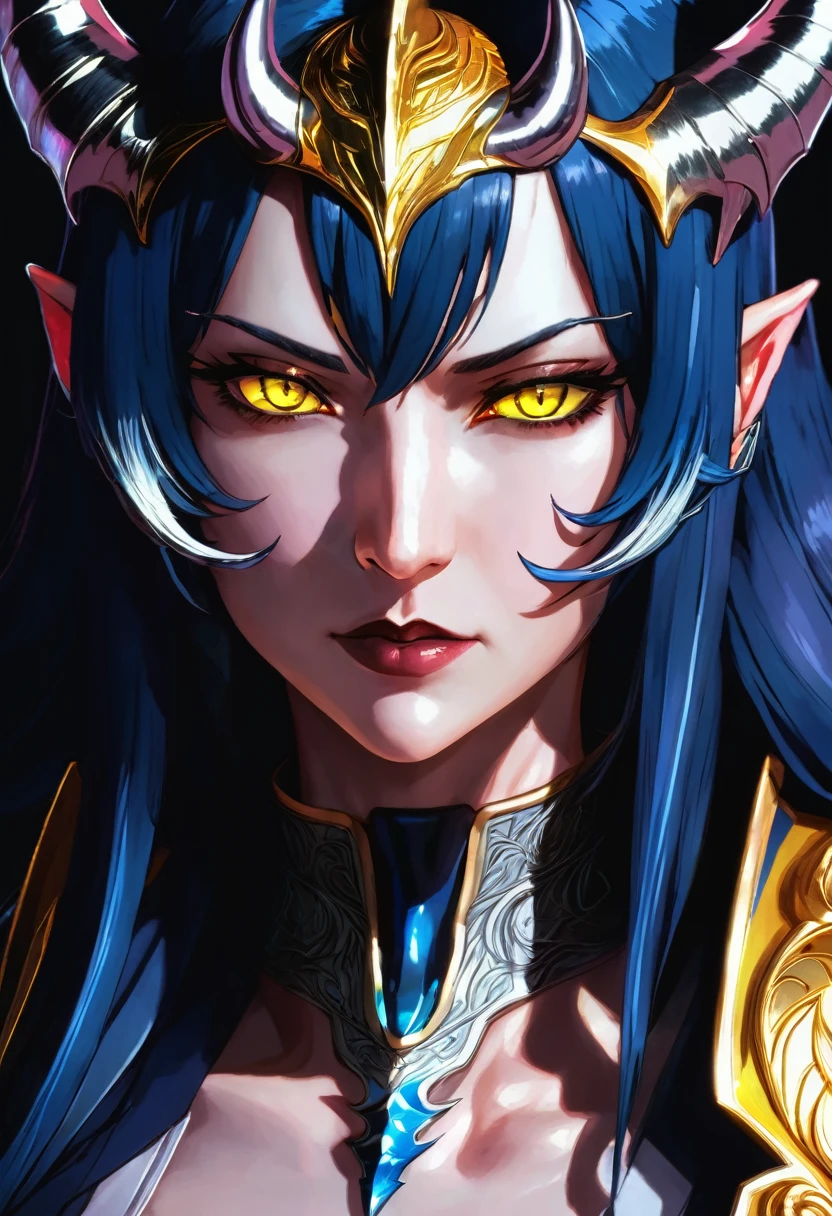 photo(portrait, from the front, close up, facing camera) of a woman(solo, succubus, long wavy hair, dark blue hair, light blue skin, androgynous face, yellow eyes, thin lips, four silver horns, Inhuman, Irresistible, Menacing, Violent),  game, anime, best quality, masterpiece, maximum detail, high resolution
