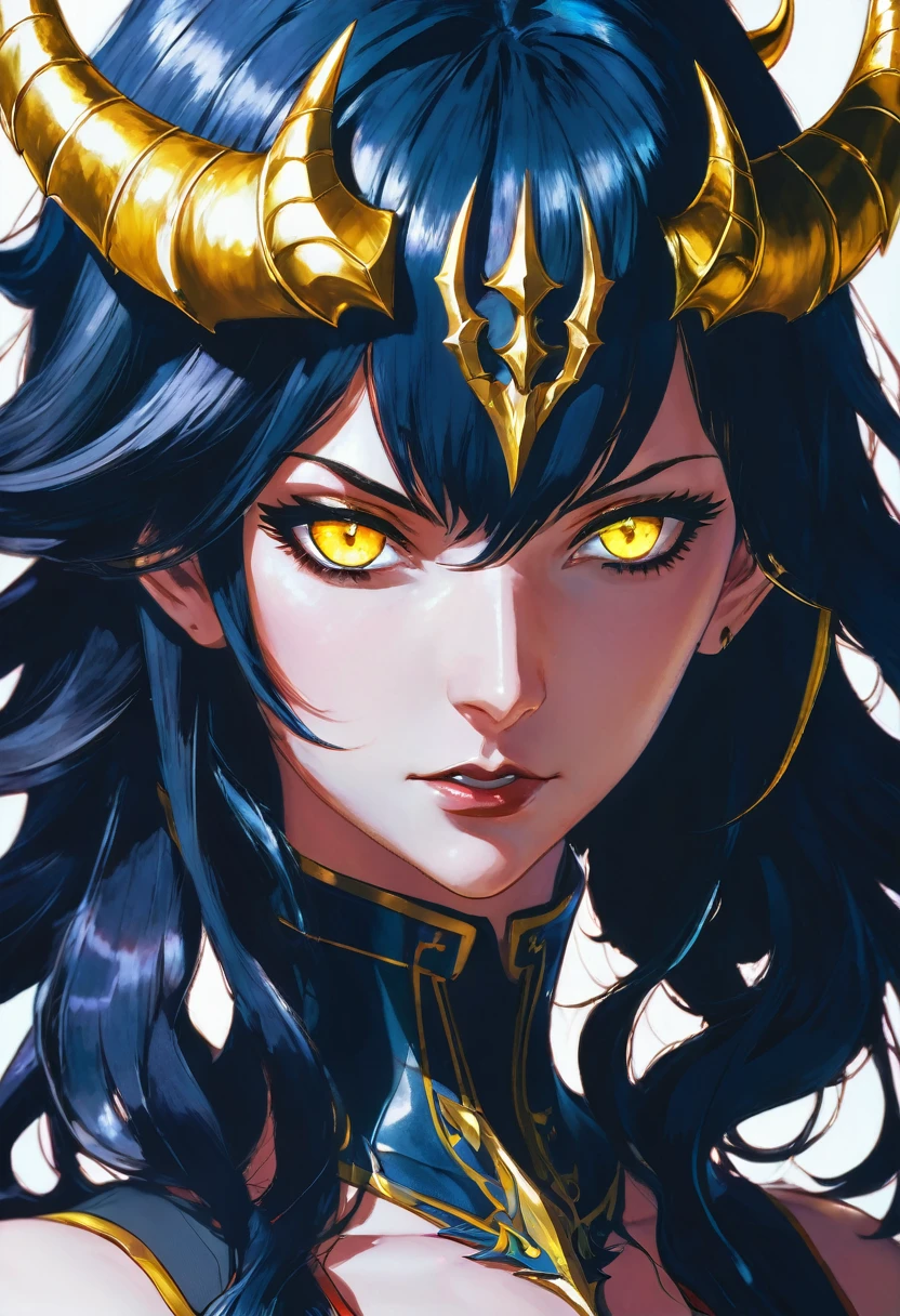 photo(portrait, from the front, close up, facing camera) of a woman(solo, succubus, long wavy hair, dark blue hair, light blue skin, androgynous face, yellow eyes, thin lips, four silver horns, Inhuman, Irresistible, Menacing, Violent), ?????? game, anime, best quality, masterpiece, maximum detail, high resolution
