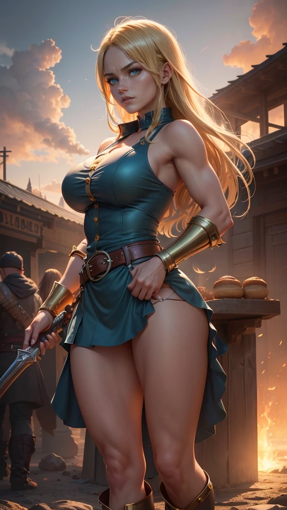 (Best quality,4k,8K,a high resolution,masterpiece:1.2),Hisui E. Fiore - Fairy Tail, detailed,sexual),((cute expression)),blue ribbon,(blonde),(Grey eyes),(blue shirt with gold buttons),white mini skirt,whip on the belt,Knee-high boots,market,(baguette in hand),(standing)full length, ((big tits:1.2)),market square,sun market bustle,determination in her eyes,beliefs(Best quality,4k,8K,a high resolution,masterpiece:1.2),realistic,ultra detailed,sexual,Irene Belserion (Fairy Tail)dark green eyes,cruel expression,costs,severed heads of enemies on the ground,dynamic pose, bread in hands,power and authority,fatal blows and parries,strong female protagonist,Billowing dust and smoke,determination in her eyes,confident and fearless,scenic sunset lighting,Bright colors,muscular build,slim and fit figure,epic fantasy work, sexual and fearless,scenic sunset lighting,Bright colors,muscular build,slim and fit figure,epic fantasy work, sexual