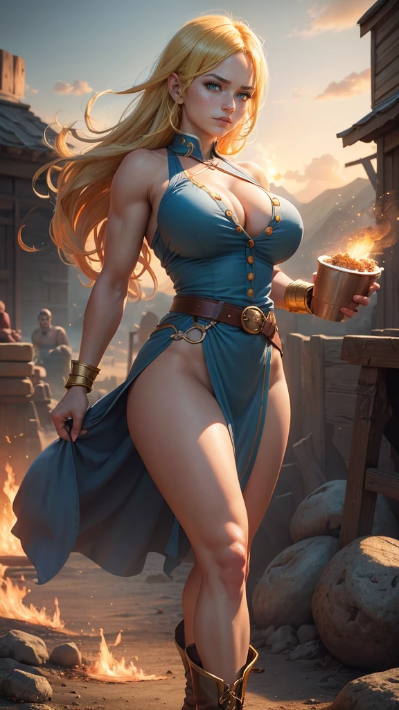 (Best quality,4k,8K,a high resolution,masterpiece:1.2),Hisui E. Fiore - Fairy Tail, detailed,sexual),((cute expression)),blue ribbon,(blonde),(Grey eyes),(blue shirt with gold buttons),white mini skirt,whip on the belt,Knee-high boots,market,(baguette in hand),(standing)full length, ((big tits:1.2)),market square,sun market bustle,determination in her eyes,beliefs(Best quality,4k,8K,a high resolution,masterpiece:1.2),realistic,ultra detailed,sexual,Irene Belserion (Fairy Tail)dark green eyes,cruel expression,costs,severed heads of enemies on the ground,dynamic pose, bread in hands,power and authority,fatal blows and parries,strong female protagonist,Billowing dust and smoke,determination in her eyes,confident and fearless,scenic sunset lighting,Bright colors,muscular build,slim and fit figure,epic fantasy work, sexual and fearless,scenic sunset lighting,Bright colors,muscular build,slim and fit figure,epic fantasy work, sexual