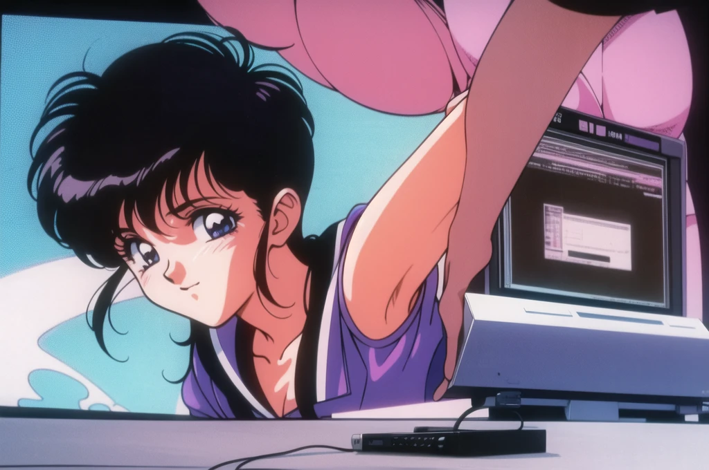 1990s (style), 1980s (style), anime girl, black hair, retro computer, vaporwave aesthetic, 3/4 turn