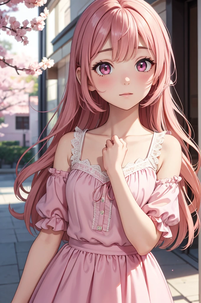 a female anime character with medium straight hair, pink color, falling gently on the shoulders, her bangs are cut smoothly, framing your face. has large, expressive eyes, with a mix of brown and pink colors, always shining with a mix of curiosity and kindness. has fair skin, with a slight blush on the cheeks that accentuates its sweetness. his height is of average height, with a delicate and slender body, but with a confident and graceful posture. usually wears feminine and elegant clothes, like flowery summer dresses, full skirts and blouses with lace details, prefers pastel tones like pink, lilac and light blue