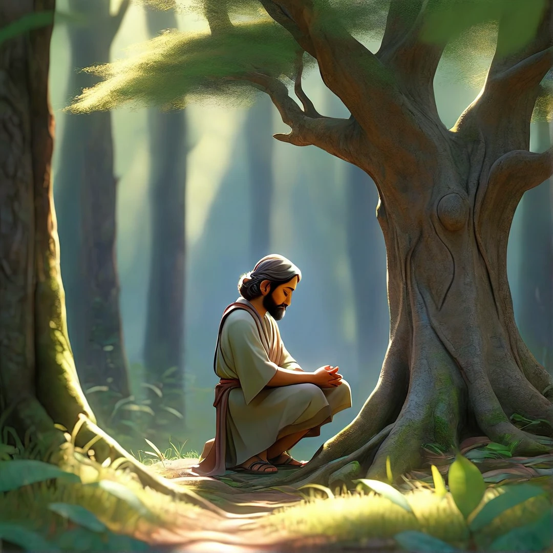 Sob a serene glass, on a peaceful day, a man in the forest , in voracious prayer. Bible in hands, words of light, Seek the comfort that faith always translates. The shadow of the tree, shelter and refreshment, A sacred encounter, an ethereal moment. With eyes closed and heart open, Pray fervently, search for the right path. Every leaf that falls, a divine whisper, Guiding your words, showing the destination. On sacred ground, your soul surrenders, To God omnipresent, his life he extends. under the tree, symbol of life and shelter, A man and his faith, in an old dialogue. kneeling in prayer, her strength she renews.
