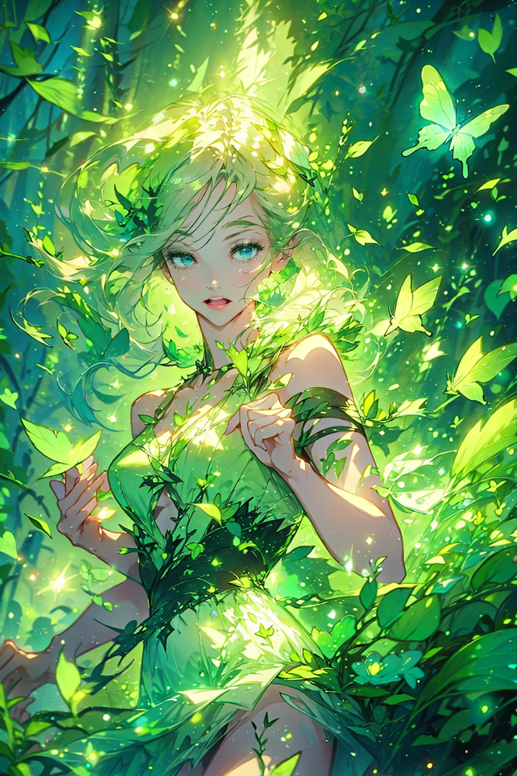 1girl,solo,cute,wizard,dress,bigbreast,cleavage,around leaf aura,perfect hands,perfect finger,explosionmagic, butterfly style,naturemagic