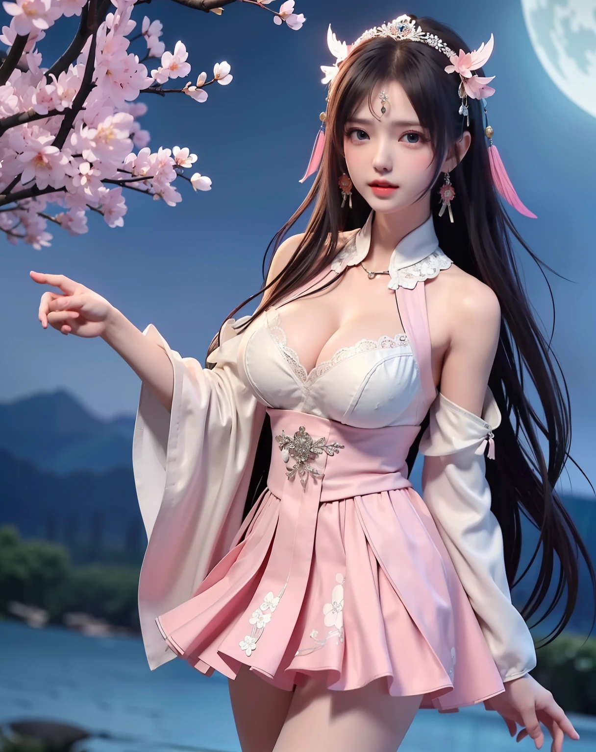 (8k, RAW photo:1.2), best quality, ultra high res,dramatic angle,(fluttered detailed color splashs), (illustration),(((1 girl))),(long hair),(rain:0.9), (Headdress:1.4),There is an ancient palace beside the girl,Hanfu,(Key Points),Color ink painting,(Splash of Color),Splash of Color,(((colorful))),(sketch:0.8) , Masterpiece, best quality, beautiful painted, highly detailed,(denoising:0.6),[splash ink],((ink refraction)), (beautiful detailed sky),moon,highly,detaild,(masterpiece, best quality, extremely detailed） CG Unity 8k Wallpaper，masterpiece，best quality，Ultra Detailed），（Lycoris）.shoulder ballet dress open V-chested clothes Thin silk lace dress short skirt , (huge ，cleavage),, white pink, blue ，best qualtiy，tmasterpiece，Ultra-high resolution，（Reality：1.4），RAW photogr，（True skin texture：1.3），（filmgrain：1.3），（Selfie angle），1个Giant Breast Girl，Beautiful eye and face details，tmasterpiece，Best quality at best，，The chest more exposed， detailed hair, bra pink , detail 8k, full body, lace petticoat