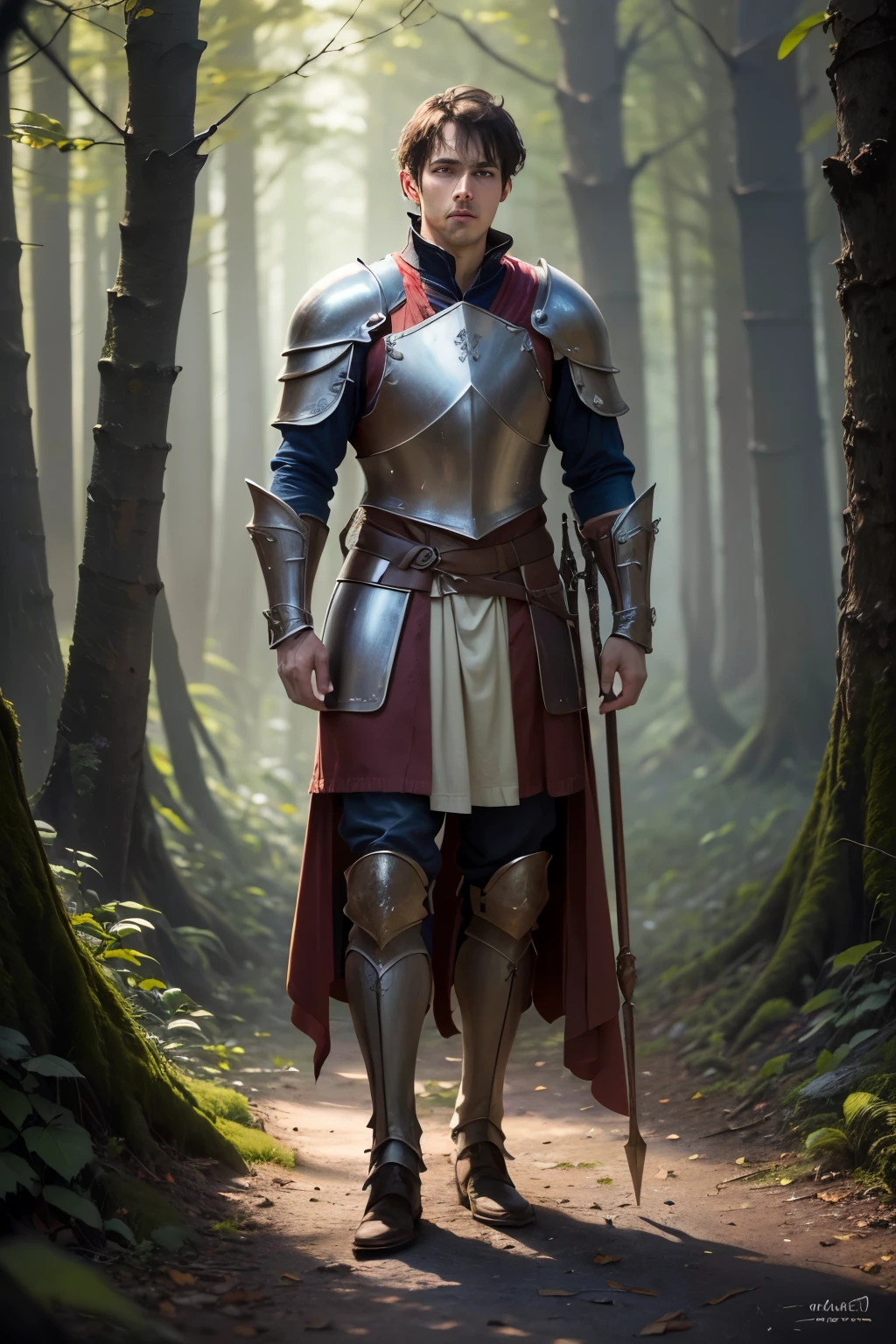 ((best quality)), ((masterpiece)), (detailed), Prize-winning works, with incredible details, maximum textures and details, uhd ,8K,super resolution ,depth of field, retina, masterpiece, textured skin, super detail, high details, highres ,(Numerous prize-winning works, with incredible details, maximum textures and details), (hyperrealisti:1.4), (Full-body image:1.8),((Fantasy world)), 1 Soldier with shoulder-length dark brown hair, brown stubble, Using plate armor, a shield in the left hand, Standing in a fantasy forest, wearing a robe, Coraggioso, Tolkien, Lord of the Rings