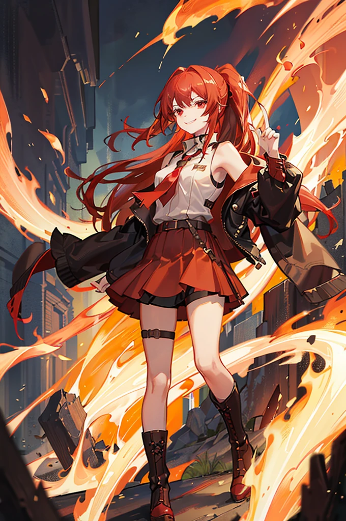 20 years old, long red hair, wears a ponytail, red eyes, always smiling. She dresses in an antique style, wearing a short brown skirt with black shorts underneath, ending above the knees. She wears knee-high brown boots. Her white blouse is sleeveless and features red details. She possesses fire powers and has a fire-themed background."