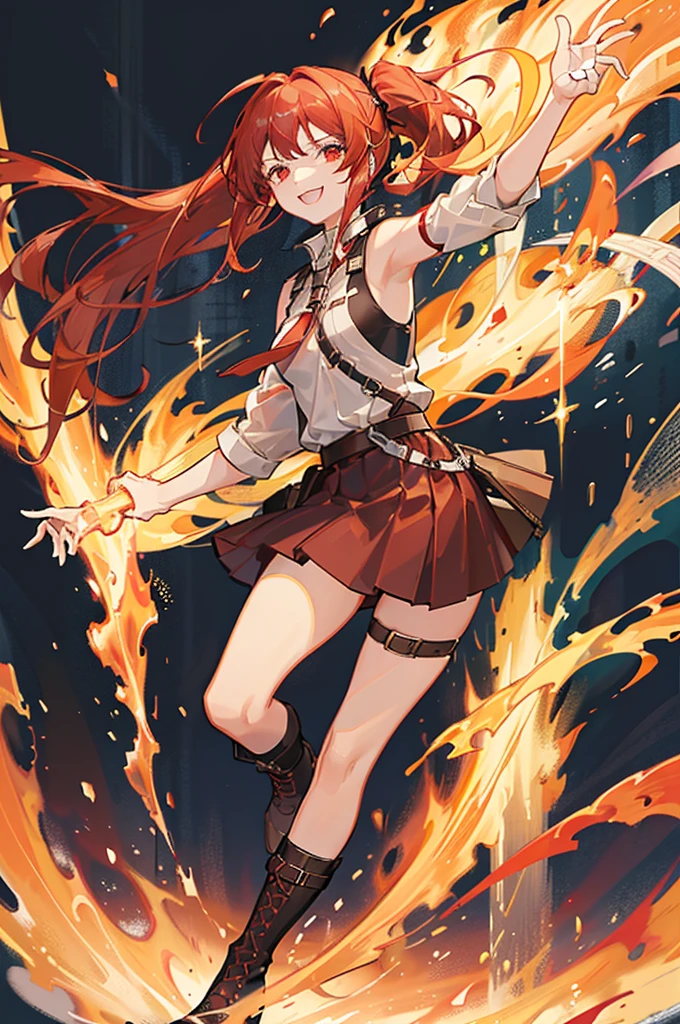 20 years old, long red hair, wears a ponytail, red eyes, always smiling. She dresses in an antique style, wearing a short brown skirt with black shorts underneath, ending above the knees. She wears knee-high brown boots. Her white blouse is sleeveless and features red details. She possesses fire powers and has a fire-themed background."