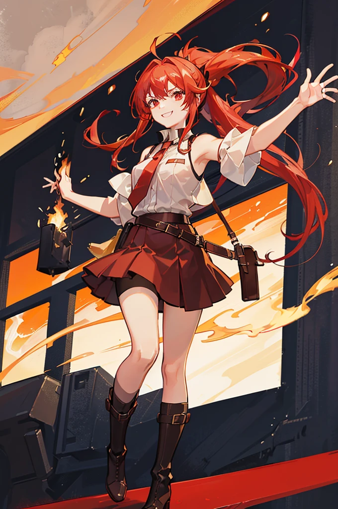 20 years old, long red hair, wears a ponytail, red eyes, always smiling. She dresses in an antique style, wearing a short brown skirt with black shorts underneath, ending above the knees. She wears knee-high brown boots. Her white blouse is sleeveless and features red details. She possesses fire powers and has a fire-themed background."