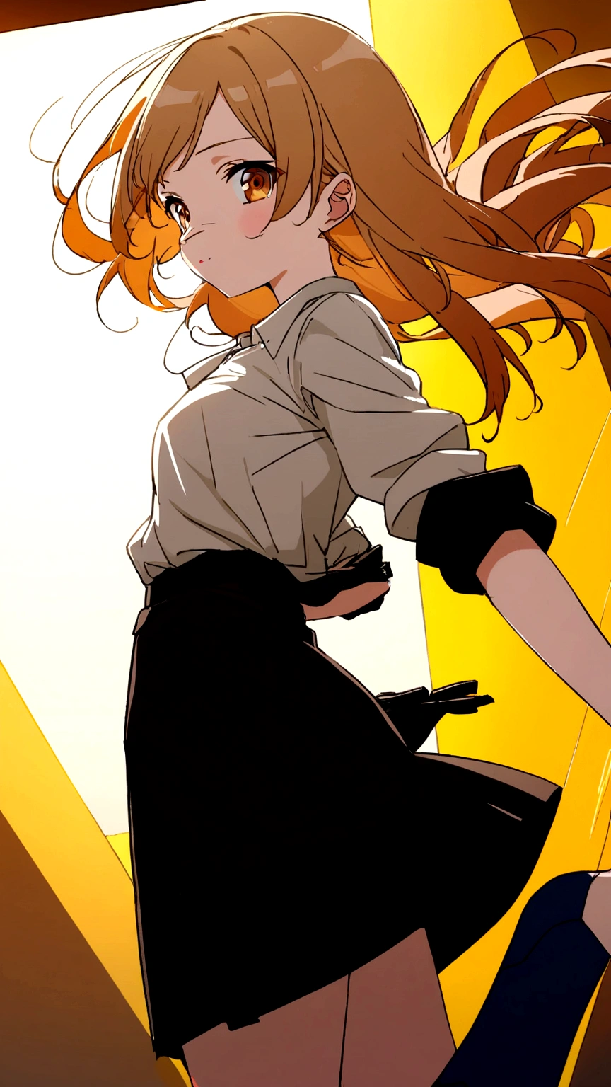 1 girl, Golden hair, Brown eyes, small nose, straight hair down to back, dressed in a shirt with rolled up sleeves and a black skirt, portrait, Anime