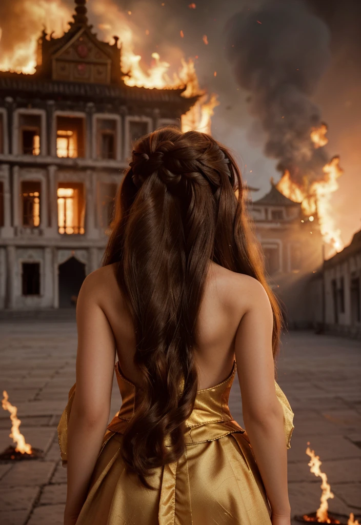 Princess with long hair in front of a burning palace From the back, high quality, 8k