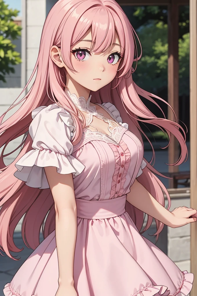 a female anime character with medium straight hair, pink color, falling gently on the shoulders, her bangs are cut smoothly, framing your face. has large, expressive eyes, with a mix of brown and pink colors, always shining with a mix of curiosity and kindness. has fair skin, with a slight blush on the cheeks that accentuates its sweetness. his height is of average height, with a delicate and slender body, but with a confident and graceful posture. usually wears feminine and elegant clothes, like flowery summer dresses, full skirts and blouses with lace details, prefers pastel tones like pink, lilac and light blue