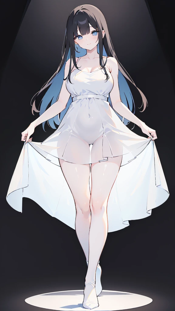 masterpiece, 8K, Detailed face, best quality, Must be created as described, (1 girl, alone, 20 years old, 158cm), (Black hair, long hair, Straight Hair, Bangs), (innocent, Big blue eyes like diamonds), (fair skin, thin waist, long legs), (Wearing a close-fitting pure white sleeveless dress, spaghetti straps, V-neck style), (The dress is light and translucent, Perfect fit), (wearing white socks, No shoes), (Show your thighs, Show your arms, You should be able to see the curve of your thighs, Highlight your figure), (The expression looks shy, but with a smile), (light black background, Full body portrait, Stand Up Straight, symmetry)