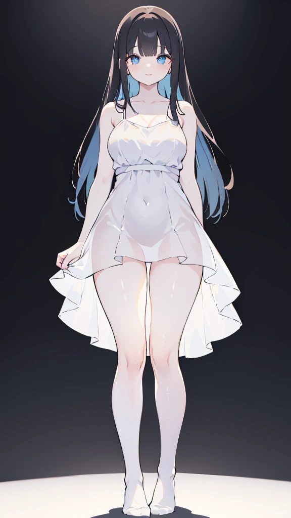 masterpiece, 8K, Detailed face, best quality, Must be created as described, (1 girl, alone, 20 years old, 158cm), (Black hair, long hair, Straight Hair, Bangs), (innocent, Big blue eyes like diamonds), (fair skin, thin waist, long legs), (Wearing a close-fitting pure white sleeveless dress, spaghetti straps, V-neck style), (The dress is light and translucent, Perfect fit), (wearing white socks, No shoes), (Show your thighs, Show your arms, You should be able to see the curve of your thighs, Highlight your figure), (The expression looks shy, but with a smile), (light black background, Full body portrait, Stand Up Straight, symmetry)