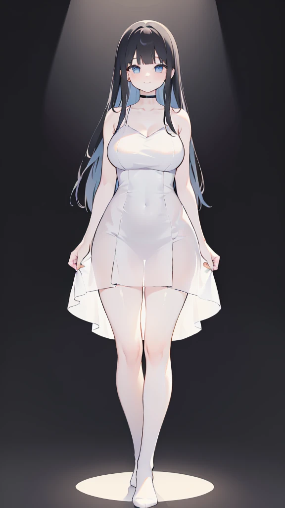 masterpiece, 8K, Detailed face, best quality, Must be created as described,  (1 girl, alone, 20 years old, 158cm), (Black hair, long hair, Straight Hair, Bangs), (innocent, Big blue eyes like diamonds), (fair skin, thin waist, long legs), (Wearing a close-fitting pure white sleeveless dress, spaghetti straps, V-neck style), (The dress is light and translucent, Perfect fit), (wearing white socks, No shoes), (Show your thighs, Show your arms, You should be able to see the curve of your thighs, Highlight your figure), (The expression looks shy, but with a smile), (light black background, Full body portrait, Stand Up Straight, symmetry)