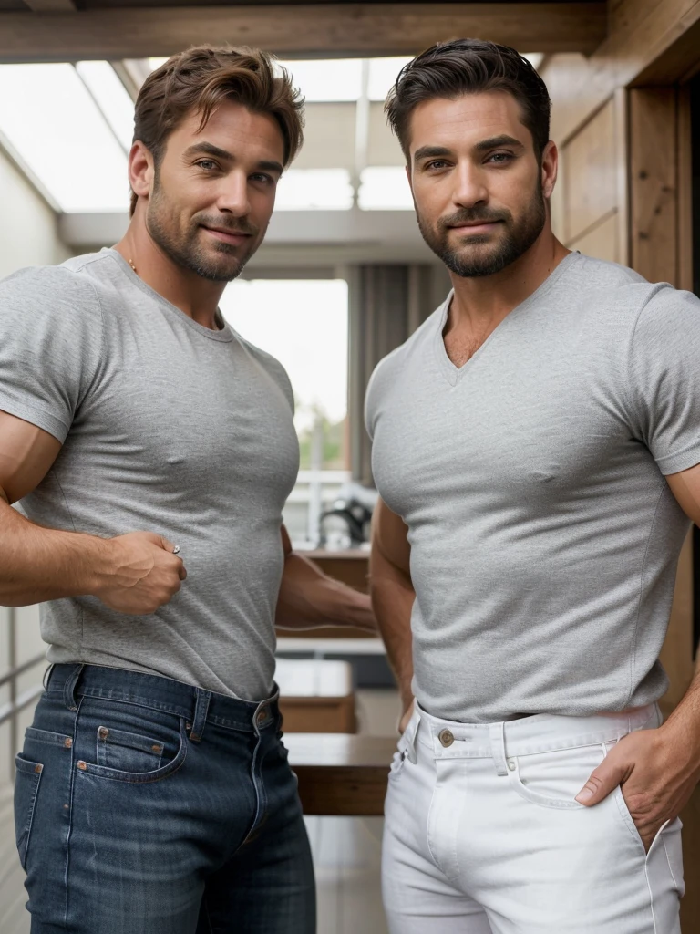 (Highest quality, astonishing details: 1.4), masterpiece, original characters, a harmonious blend of natural volumetric lighting and enhanced shadows, extended depth of field, pin-point sharp focus, a portrait of two incredibly handsome men in their 30s, showcasing their muscular physiques, full-body shots, possessing chiseled jawlines, clear, captivating eyes, and seductive smiles. Their hair ranges from shaggy, short, gray strands to a well-groomed, stylish beard. The first man is casually dressed in warm colors, tight shirt and jeans, big bulge,  exuding an air of masculinity. The second man, in a casual white