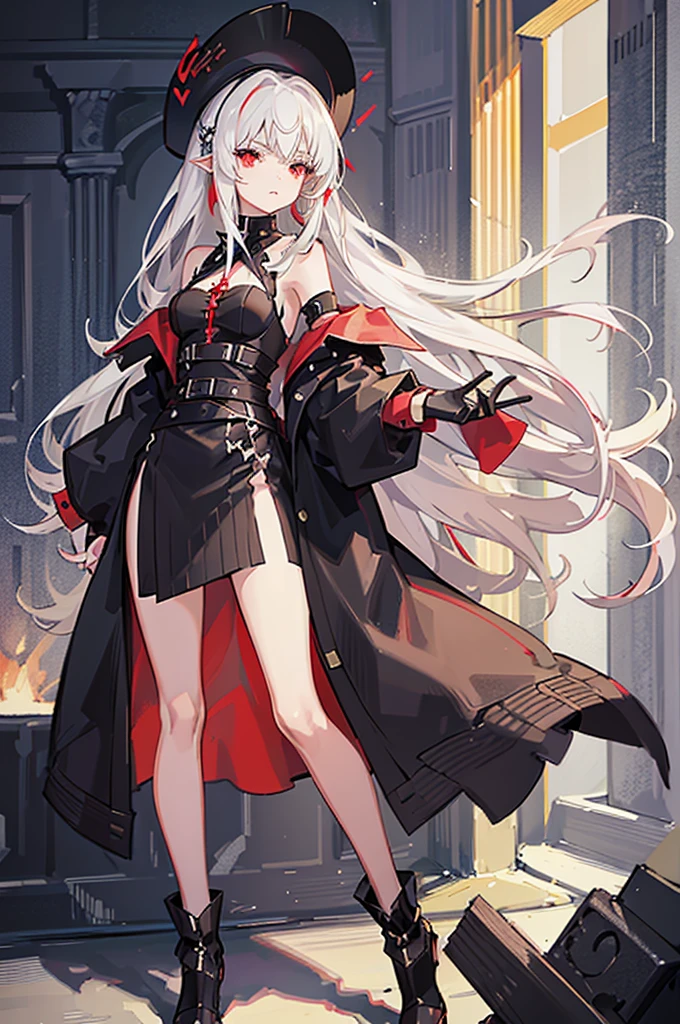 Girl, 20 years old, with long white hair down to below her waist, a serious yet tender expression, and red eyes. Her hair features black streaks. She wears antique-style clothing, a long black dress with a slit on the legs, and high black boots that almost reach her knees. Her power and background are related to shadows and darkness. 